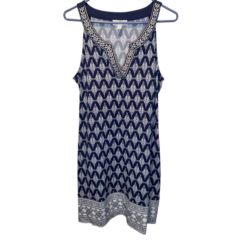 Magnolia Grace Blue White Alhambra Embroidered Sleeveless Slip Dress Petite L